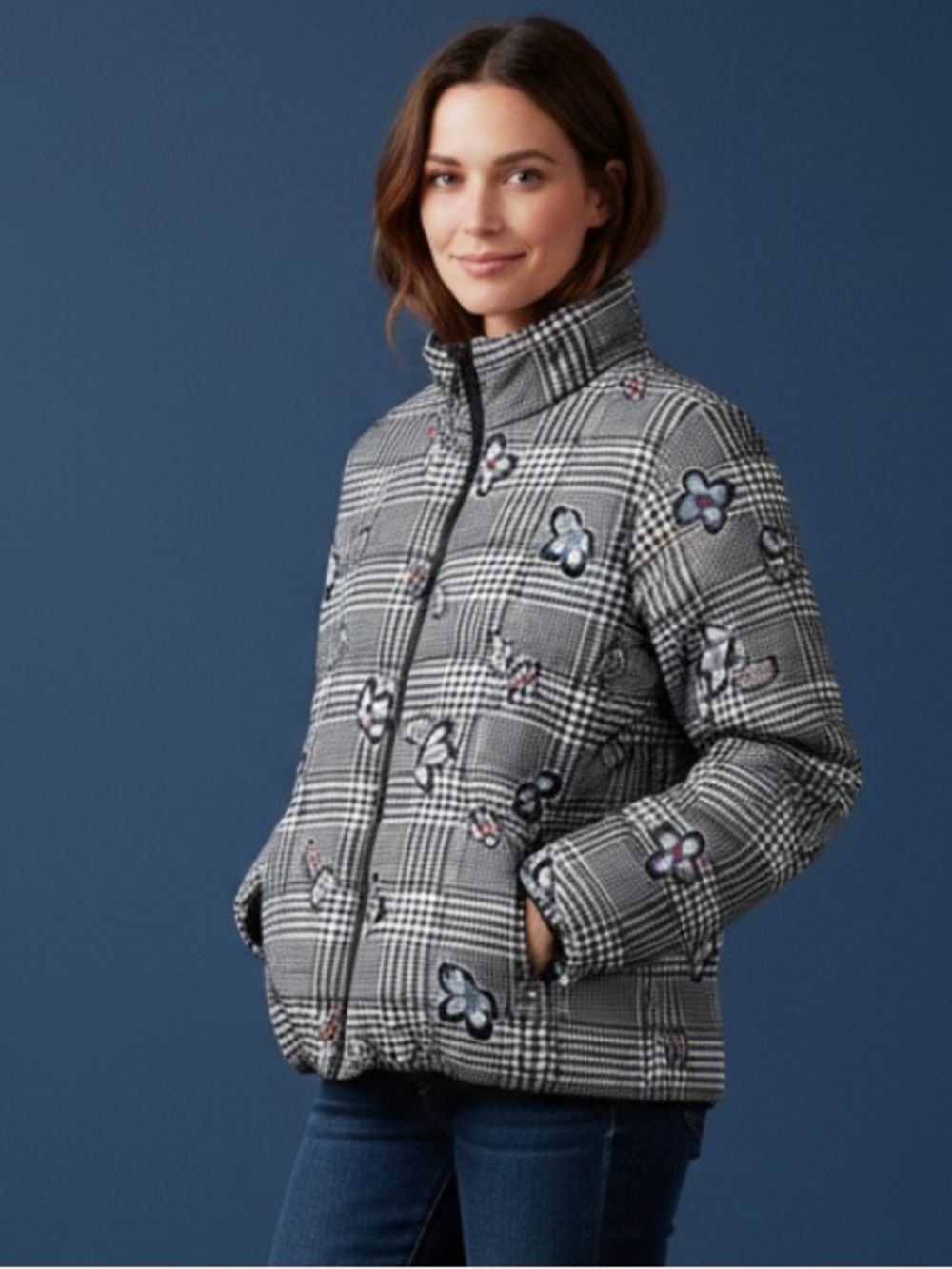 Vera Bradley reversible puffer jacket black and white plaid adorned butterflies